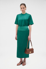 Profile view of model wearing the Oroton Double Satin Tee in Neptune Green and 100% viscose fabric for Women . IP:7