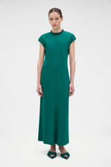 Profile view of model wearing the Oroton Crepe Sheath Dress in Neptune Green and 96% viscose and 4% spandex blend fabric for Women . IP:2