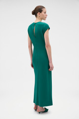 Profile view of model wearing the Oroton Crepe Sheath Dress in Neptune Green and 96% viscose and 4% spandex blend fabric for Women . IP:5