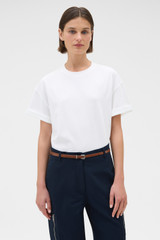 Profile view of model wearing the Oroton Relaxed Sleeve Tee in Antique White and 100% cotton fabric for Women . IP:7