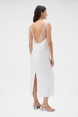 Profile view of model wearing the Oroton Sheath Dress in Antique White and 100% silk twill fabric for Women . IP:5