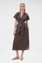 Profile view of model wearing the Oroton Stripe Detail Dress in Milk Chocolate and 100% cotton fabric for Women . IP:2