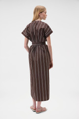 Profile view of model wearing the Oroton Stripe Detail Dress in Milk Chocolate and 100% cotton fabric for Women . IP:5
