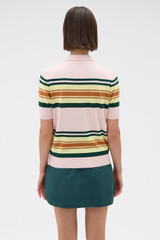 Profile view of model wearing the Oroton Multi Stripe Knit Polo in Multi and 100% cotton fabric for Women . IP:5
