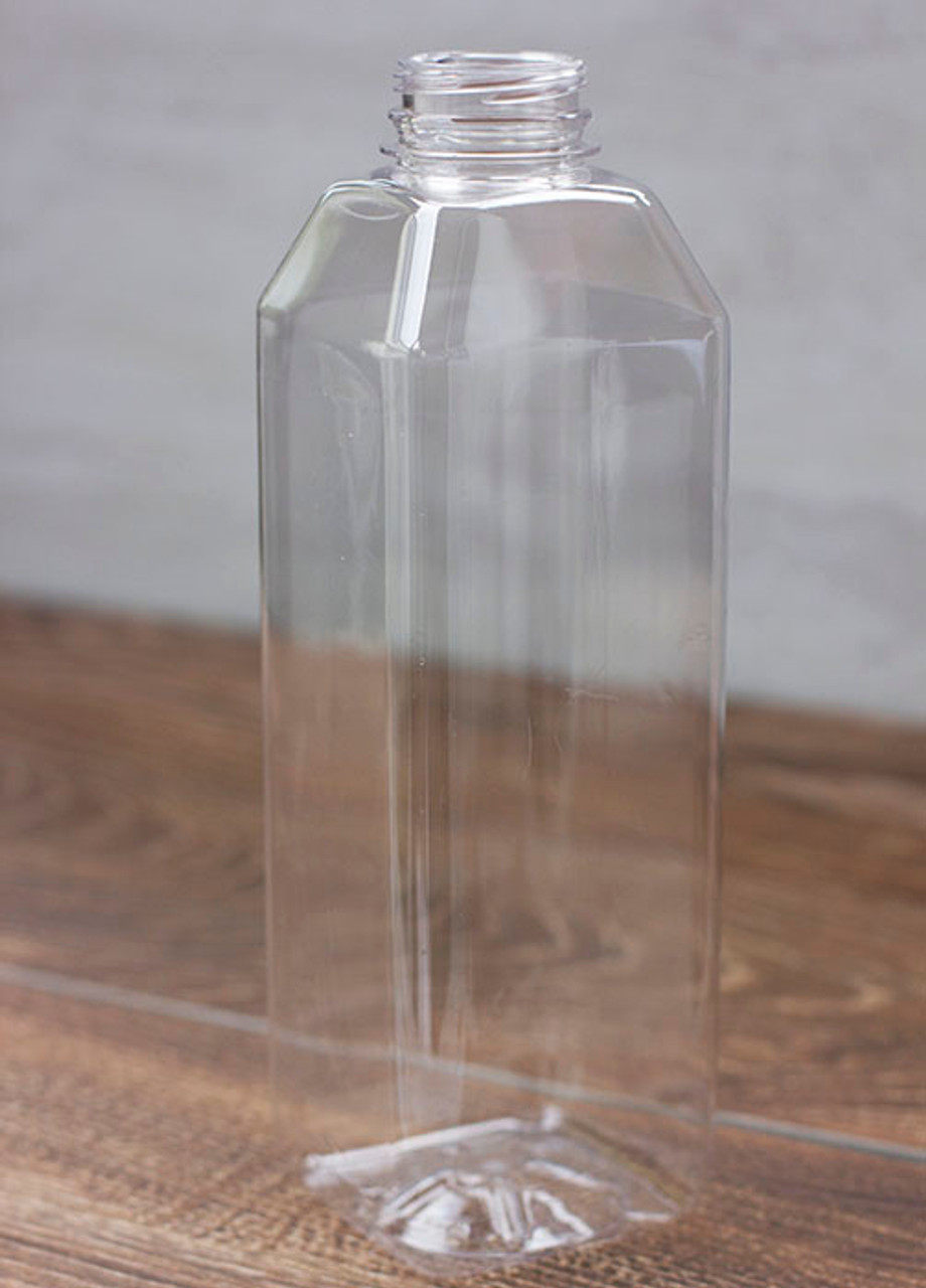 32 oz. Tall Square PET Clear Juice Bottle with Lid