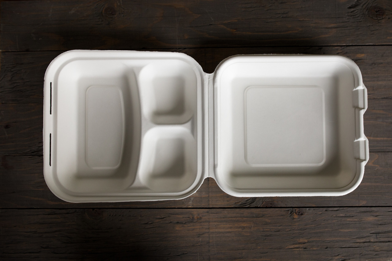 Eco Friendly 9 x 9 x 3 Compostable 3-Compartment Takeout Container -  200/Case