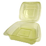 Sample of Vegware 8x8x3" compostable PLA clamshell with green tint, SKU VW-LC81GN