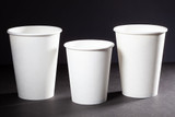 Family of compostable coffee cups in 8 oz, 12 oz, and 16 oz