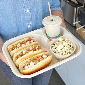 13x10" World Centric Compostable Fiber Serving Trays w/ Cup Holder | No PFAS | 200/Case 13x10" World Centric Compostable Fiber Serving Trays w/ Cup Holder | No PFAS | 200/Case