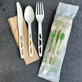6" Wrapped Compostable cPLA Utensil Set w/ Napkin | 250/Case 6" Wrapped Compostable cPLA Utensil Set w/ Napkin | 250/Case