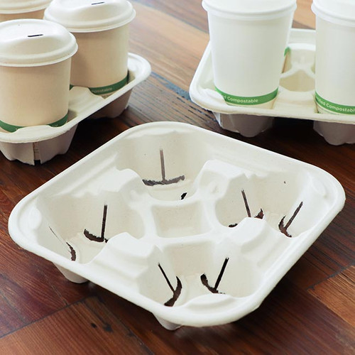 Compostable paper takeout cup carriers CC-FB-4-LF
