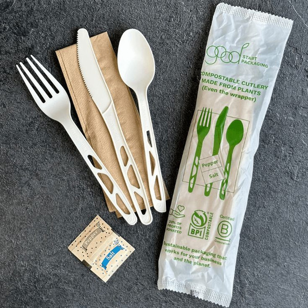 6" Wrapped Compostable Utensil Set w/ Napkin, Salt & Pepper GSP-FKS-WNSP