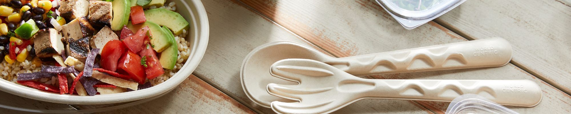 Compostable utensils with a burrito bowl