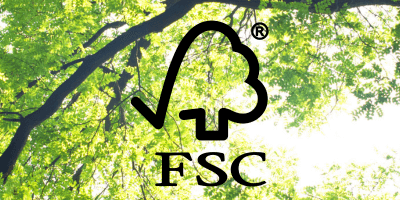 FSC logo over forest of trees