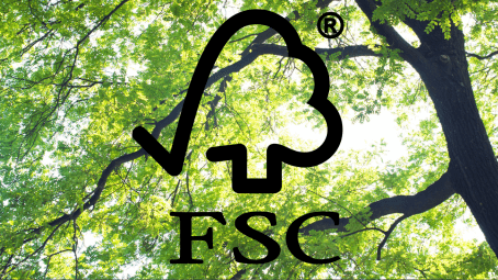 FSC certified logo on photo of trees