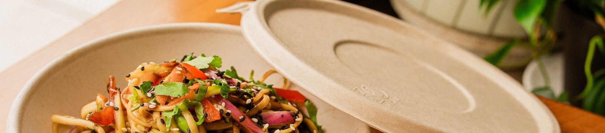 noodle salad in compostable fiber bowl