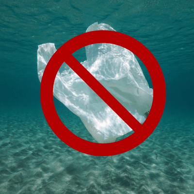 plastic bag in ocean with red ban symbol 
