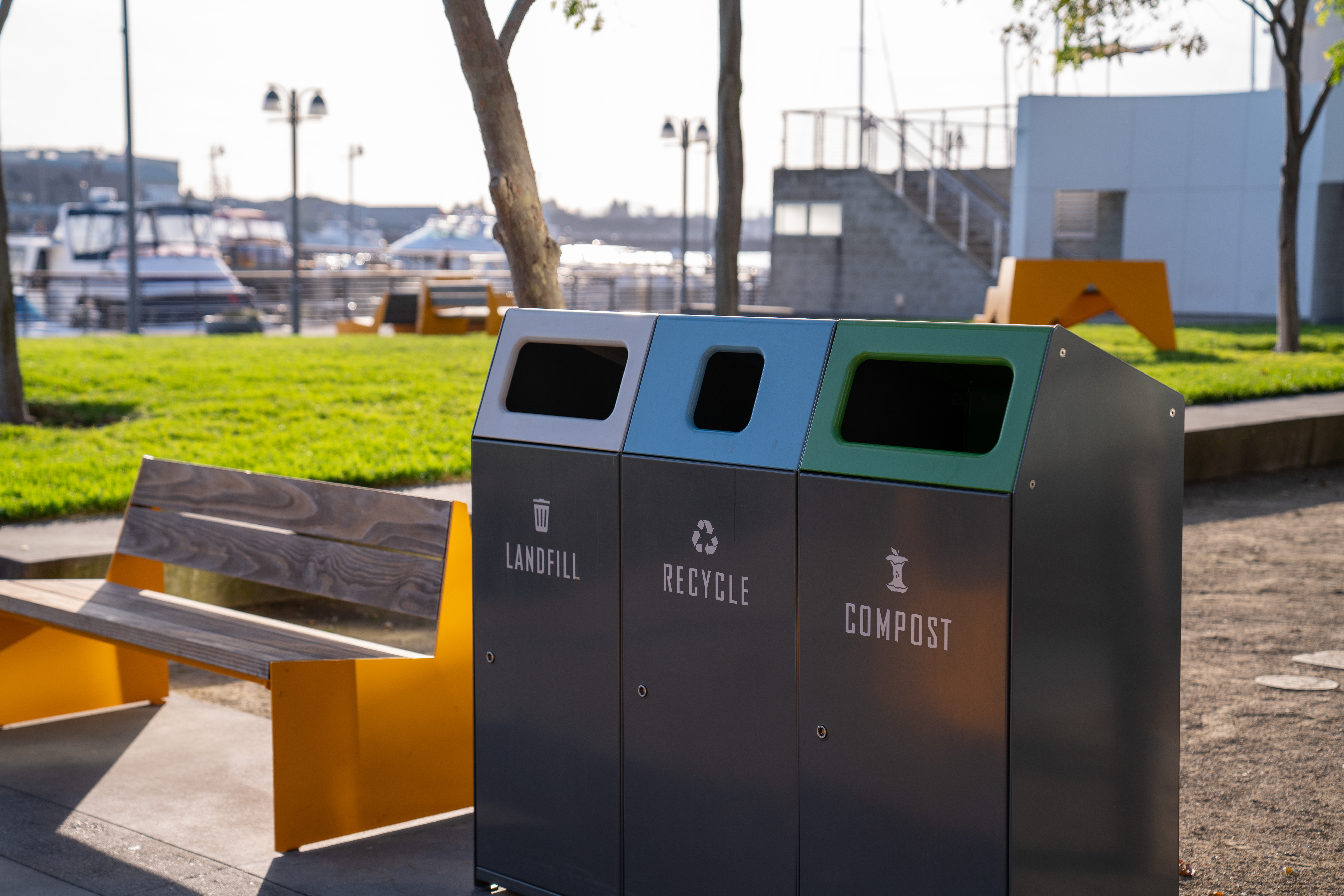 Labeled Landfill, Compost, and Recycle Containers