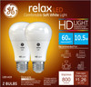 GE Lighting 36835 Light Bulb Relax HD Dimmable LED A19 10.5 (60-Watt Replacement), 800-Lumen Medium Base, 2-Pack, Soft White, 2