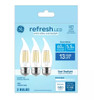 (3 bulbs) GE refresh LED cool white chandelier bulbs, 60 watt equivalent, 5.5 watt, 500 lumens, Dimmable, medium base (CAM) LED 6500K arctic white decorative bulb