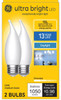 GE ulltrabright LED chandelier lightbulb, frost finish, bent tip, medium base, 8 watt, 1050 lumens, daylight , dimmable, CA12 exceptionally bright (2 bulbs)