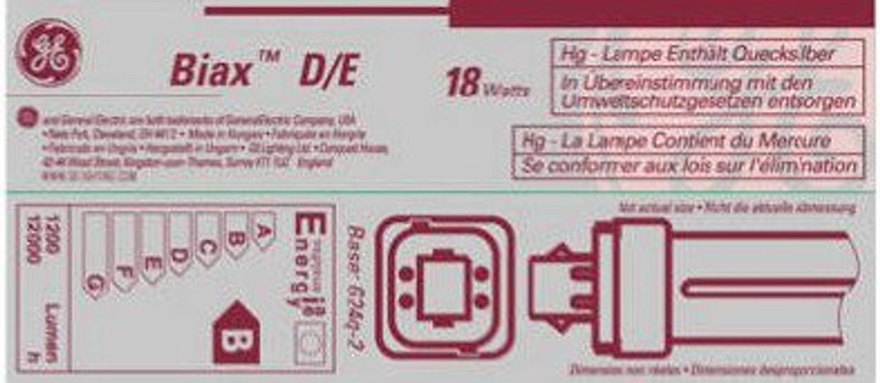 GE Lighting 97600 (6-Pack) F18DBX/835/ECO4P 18-Watt CFL Plug-In Double Biax Ecolux Light Bulb. 3500K, 1250 Lumens, T4 shape, G24q-2 4-Pin Base