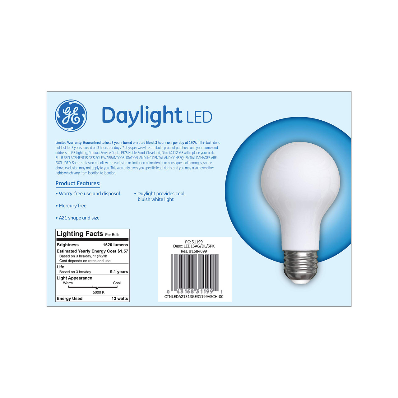 GE Lighting 31199 Frosted General Purpose Classic Shape A21 Daylight LED 13-Watt (100-Watt Replacement), 1520-Lumen Medium Base, 3-Pack, 3 Count