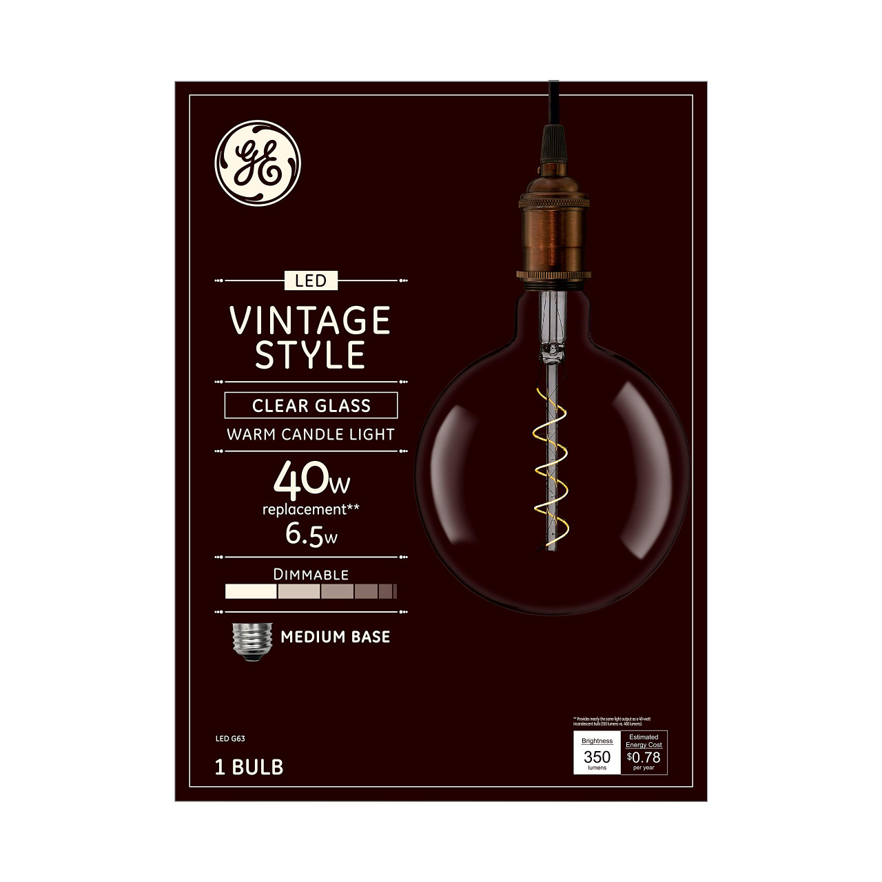 GE Globe LED Vintage Light Bulb, Spiral G63 Clear Glass LED Edison Bulb, 6.5-Watt (40 Watt Replacement Dimmable LED Light Bulbs), 350 Lumen, Medium Base, 1-Pack E26 Edison Bulb Pendant Lighting