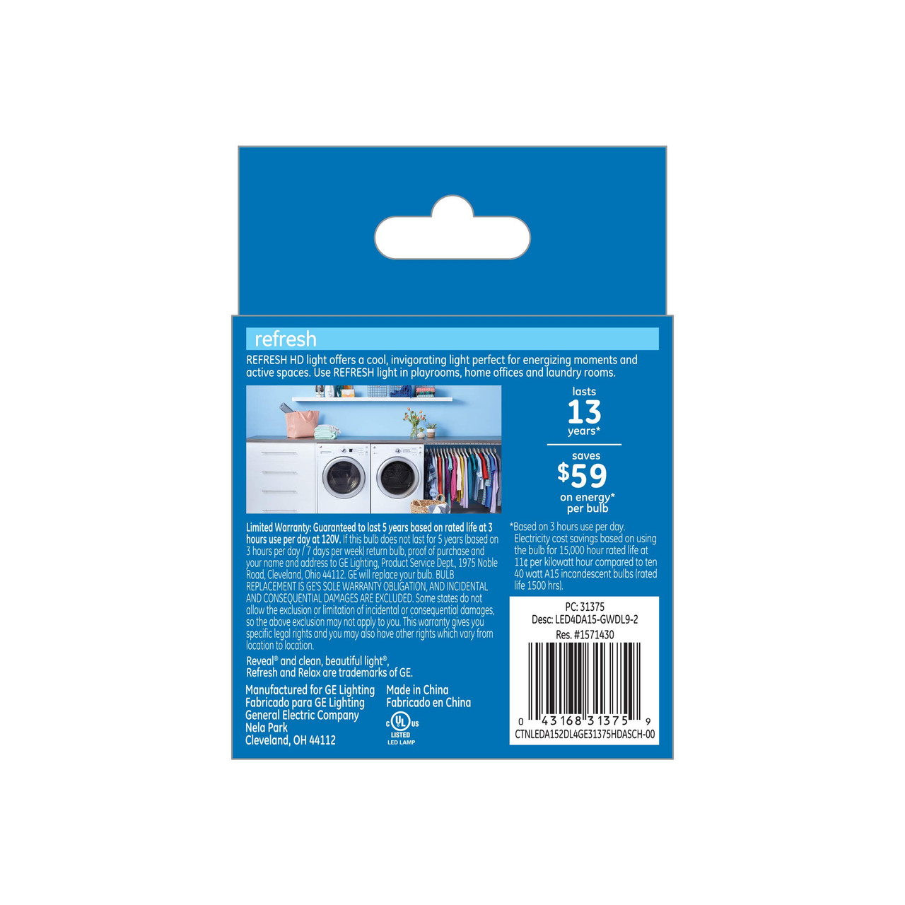 GE Lighting 31375 Finish Light Refresh HD Dimmable LED A15 Ceiling Fan Bulb 4 (40-Watt-Replacement), 300-Lumen Medium Base, 2-Pack Standard, Frosted Daylight, 2
