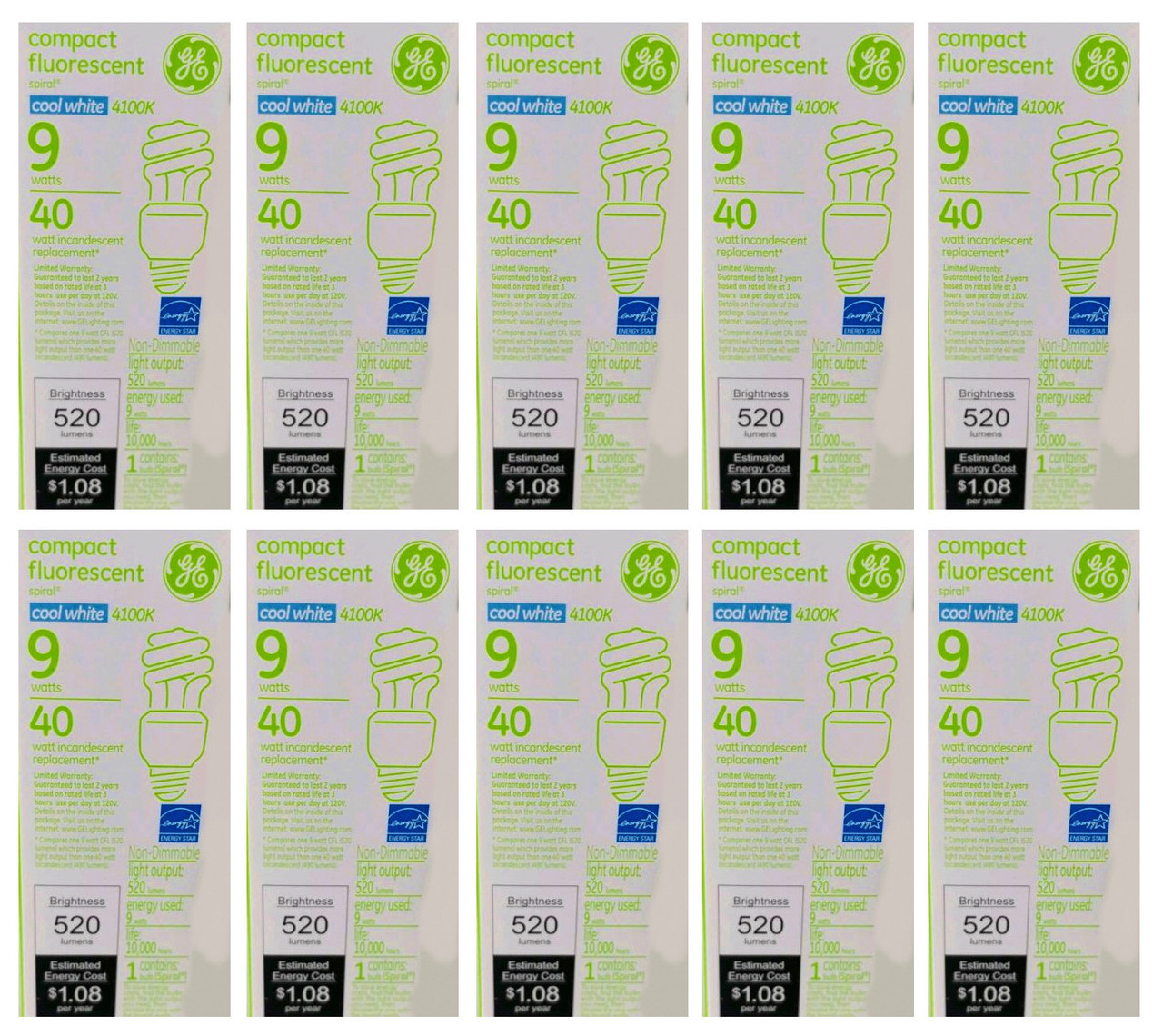 (case of 10) GE 42171 T3 Spiral CFL, Self-Ballasted, Medium Screw (E26) Base, 40 watt equivalent, Cool White, 9 watts, 520 lumens Compact Fluorescent Light Bulb