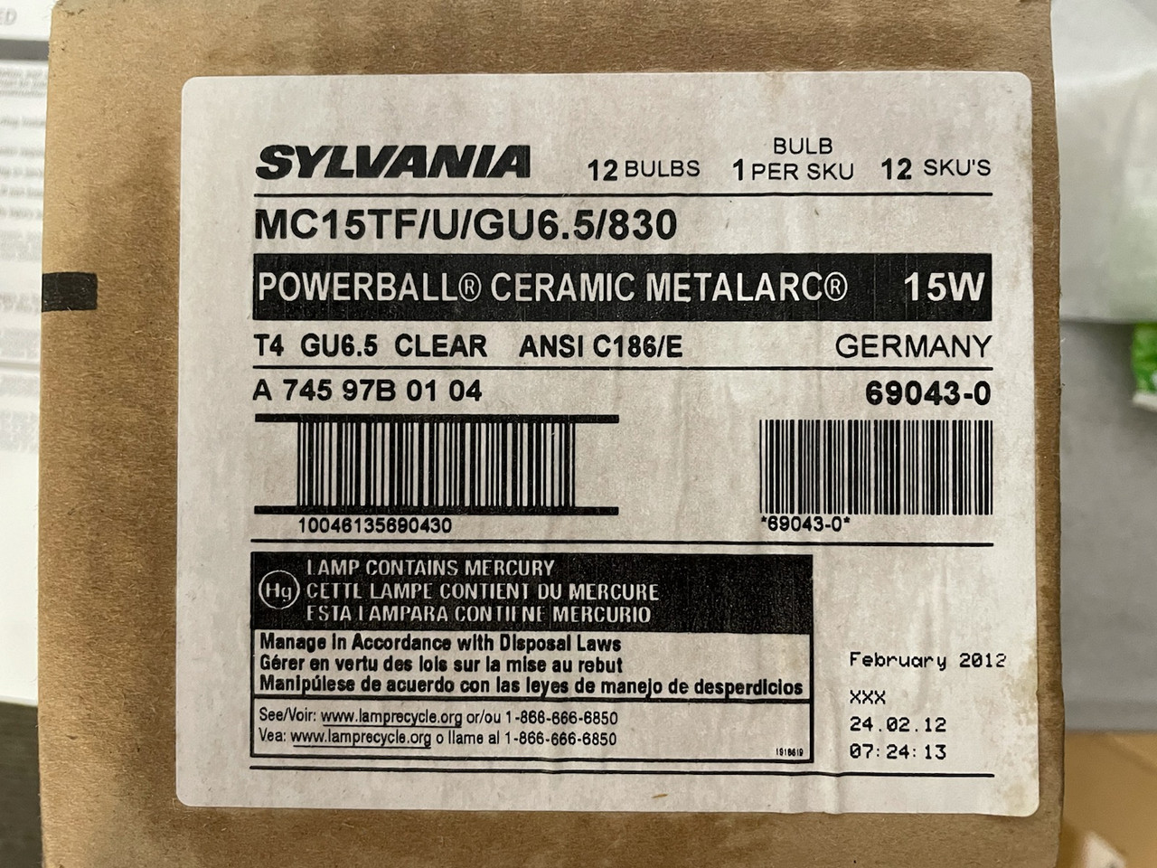 Sylvania 69043 - MC15TF/U/GU6.5/830 15 watt Metal Halide Light Bulb, 15 watts, 1200 lumens, 3000K Color Temp