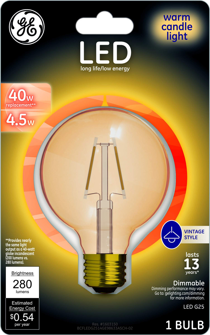 GE Lighting 98633 Amber Glass Light Bulb Dimmable LED