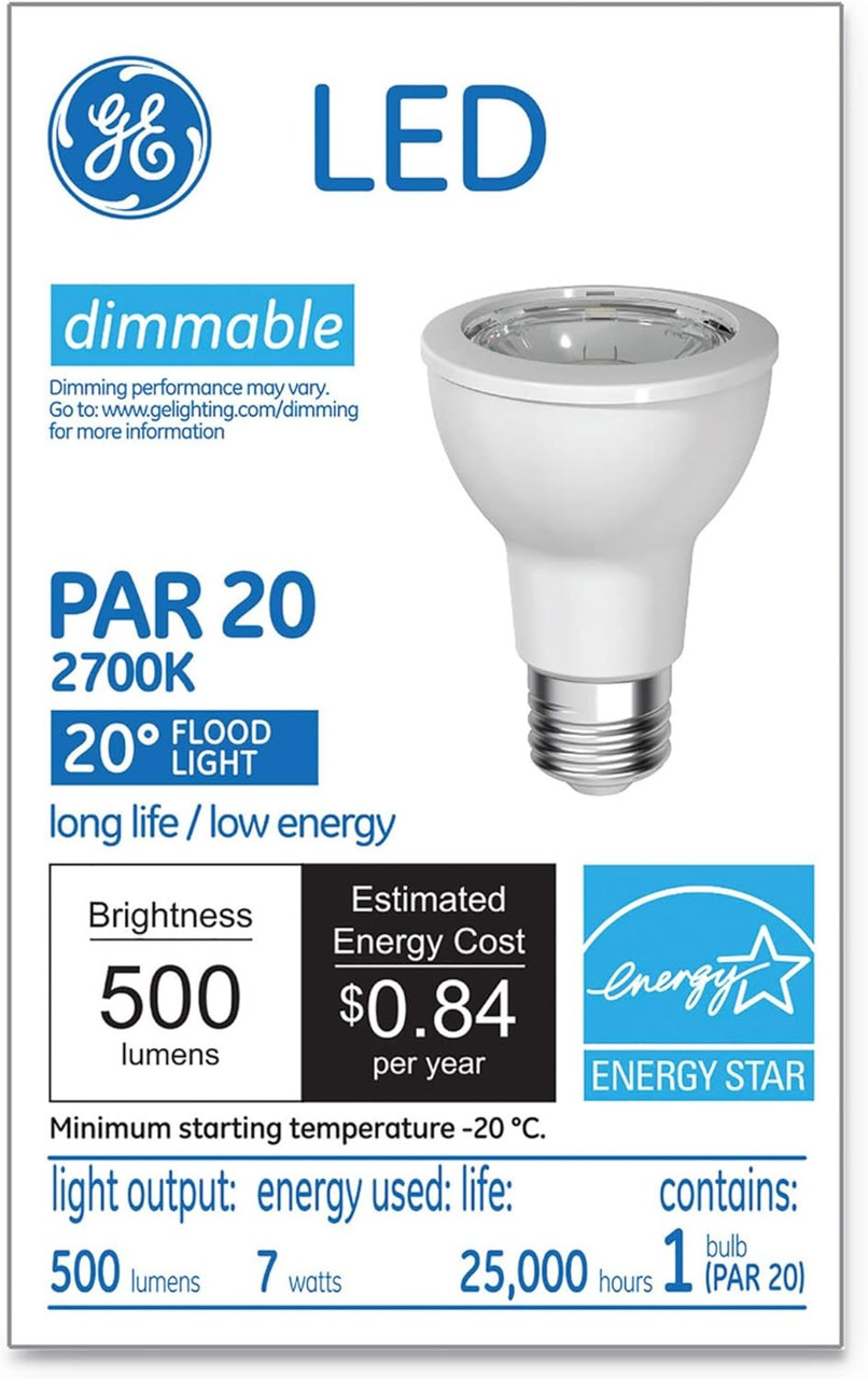 GE Lighting LED Lamp, 7 watt, 120 volt, PAR20, Medium Base, 500 lumens, Dimmable, 80 CRI, 2700 K