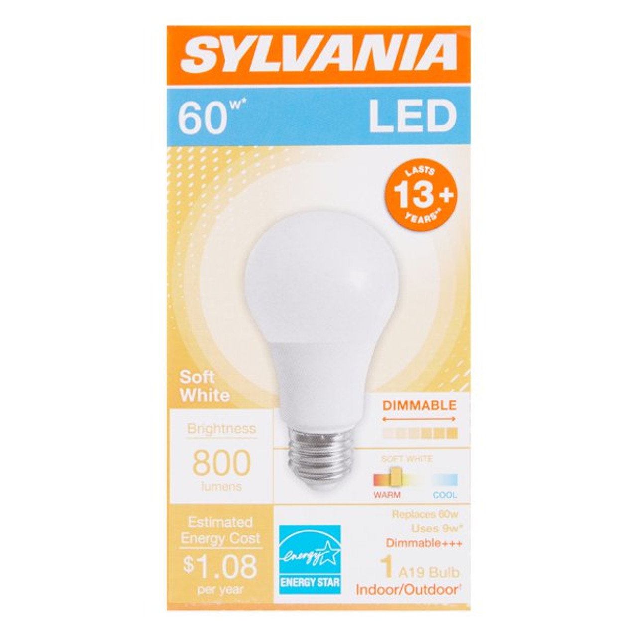 Sylvania LED 60 watt equivalent A19 Soft White, medium base, Dimmable