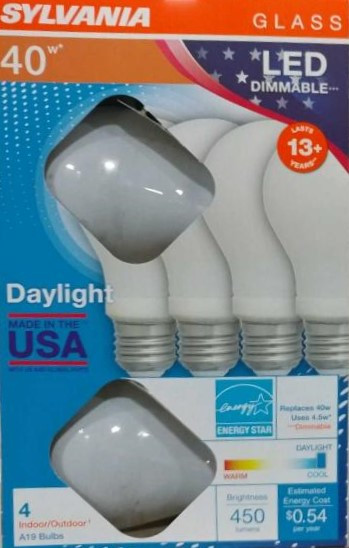 (4 pack) Sylvania A19 LED 40 watt equivalent Daylight 450 lumens