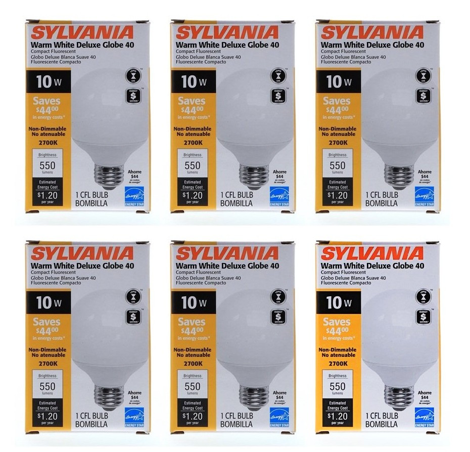 (6 pack) Sylvania 10 watt CFL Large G40 Warm White Deluxe Globe 550 lumens Compact Fluorescent Light Bulb