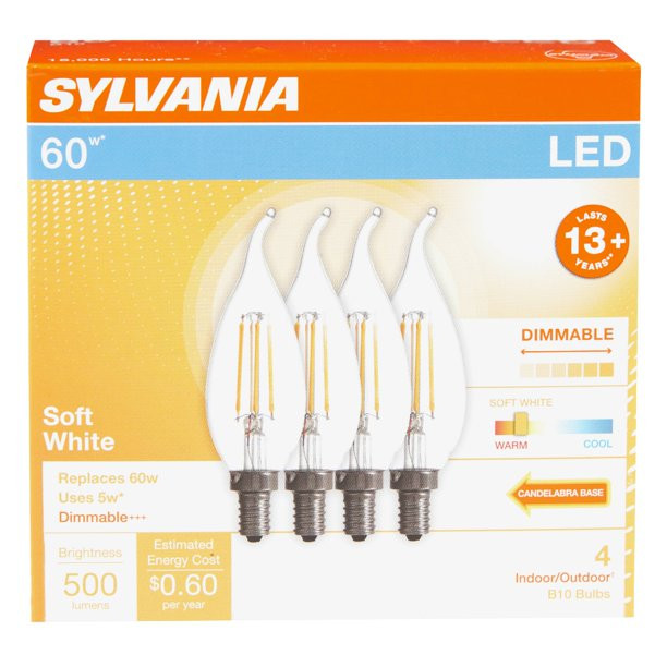 (12 bulbs) Sylvania LED Decorative Candle B10 light bulbs Soft White Dimmable Bent Tip Candelabra base