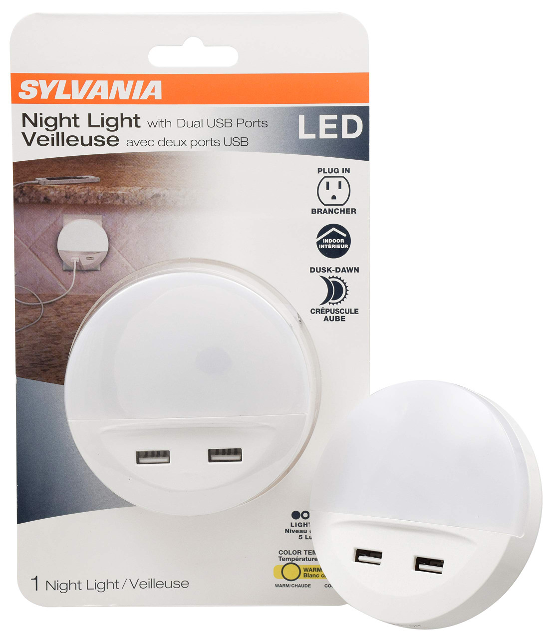 (5 pack) SYLVANIA LED Night Light with Dual USB Ports, Automatic Dusk to Dawn sensor, plug-in LED NightLight