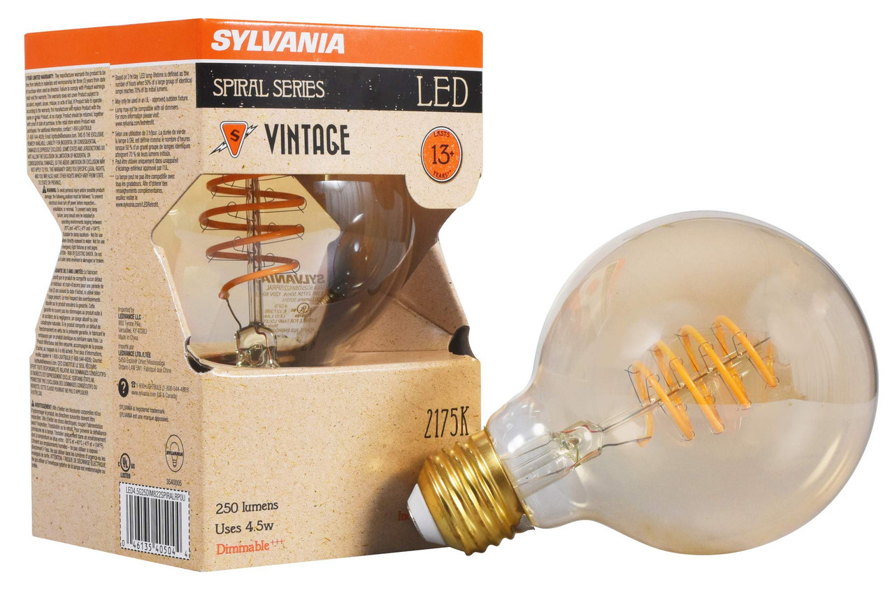 (6 bulbs) Sylvania LED Vintage Globe Spiral Filament G25 Light Bulb, Efficient 4.5W, Medium Base, Dimmable 2175K Amber Glow