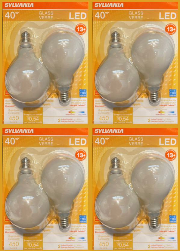 (8 bulbs) Sylvania 40524 - LED A15 A Line Pear LED Light Bulb, Candelabra base, 2700K Soft White Glass LED Light Bulb