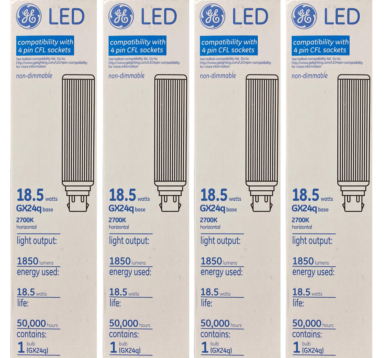 (4 bulbs) GE 39289 LED replacement for CFL, 18.5 watts, GX24q base, compatibility with 4 pin CFL sockets