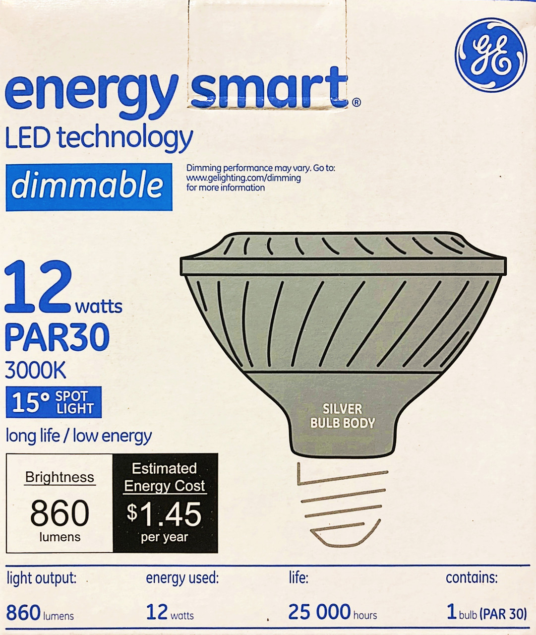 GE 67922  LED energy smart PAR30 Spotlight, 12 watt, Dimmable, 3000K, 860 lumens LED light bulb