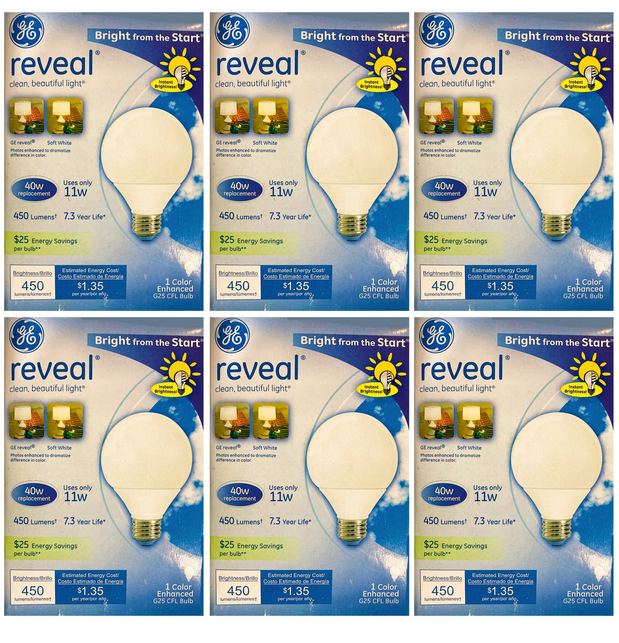 (6 bulbs) GE Reveal G25 Color-Enhancing Decorative CFL Bulb, 11-Watt (40 watt equivalent), Medium base, 450 lumens, warm white compact fluorescent lightbulb