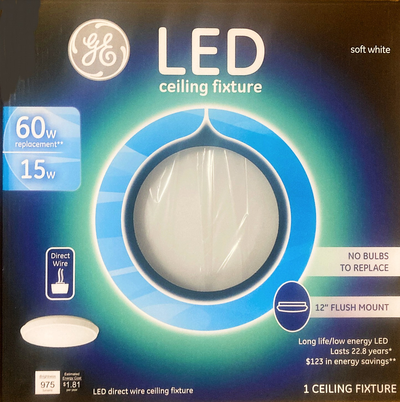 GE Lighting 98813 LED Ceiling Fixture, 15-watt (60-watt Replacement), 975-Lumen 12-Inch Indoor Fixture, Soft White, Direct-Wire, 1-Pack