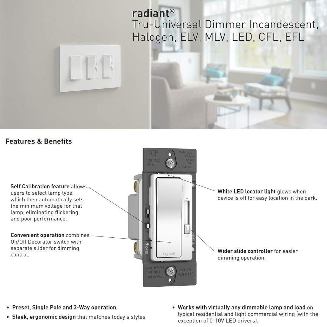 Legrand radiant Dimmer Light Switch, All Light loads Dimmer with Auto Callibration, 450W LED and CFL Bulbs - 700W Incandescent & Halogen, White, RH703PTUW