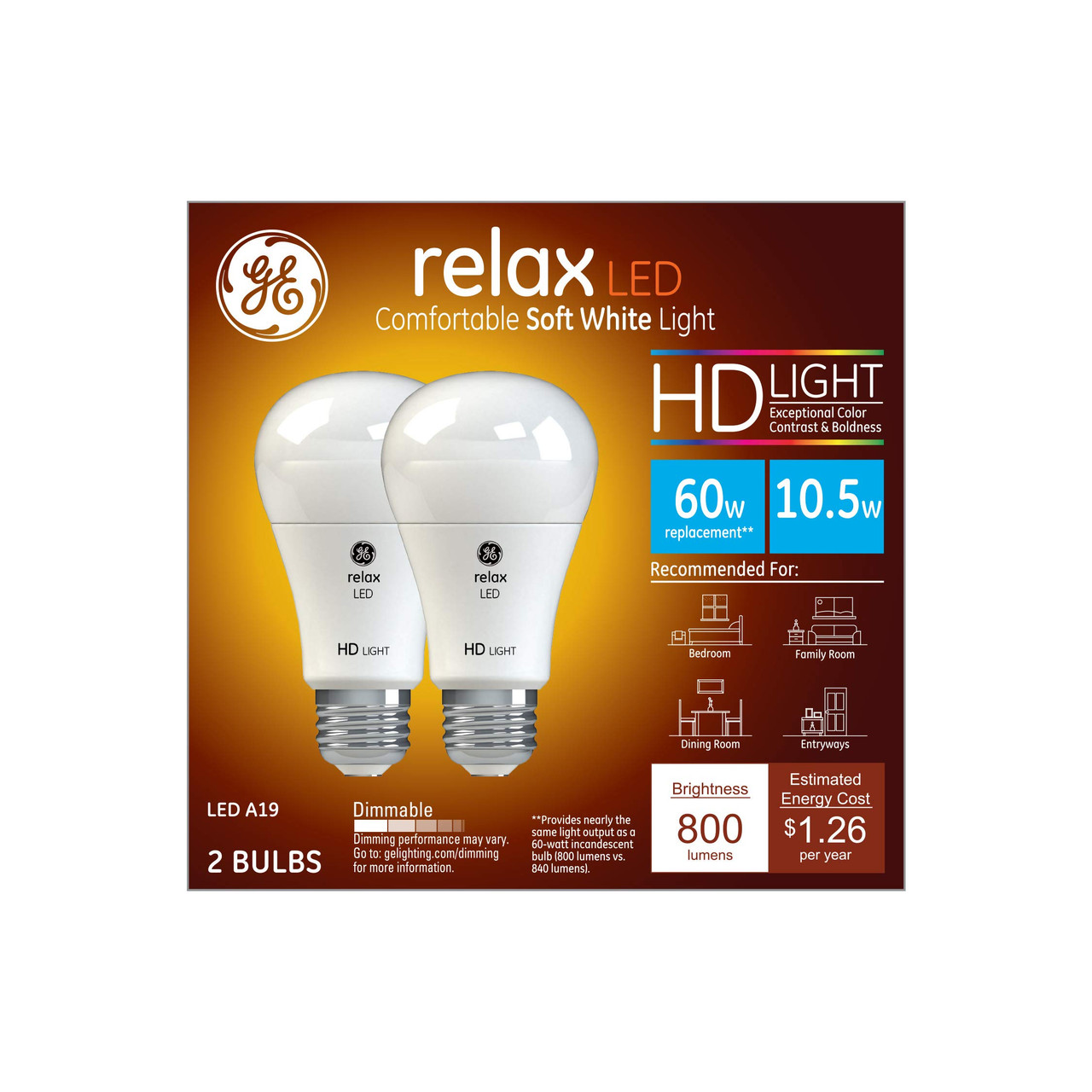 GE Lighting 36835 Light Bulb Relax HD Dimmable LED A19 10.5 (60-Watt Replacement), 800-Lumen Medium Base, 2-Pack, Soft White, 2