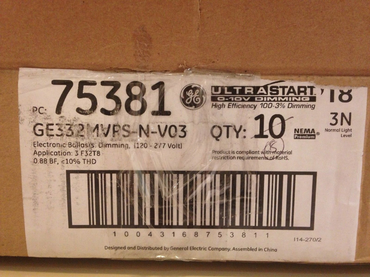 (Case of 10) GE 75381 0-10V UltraStart GE332MVPS-N-V03 - T8 Dimming Ballast