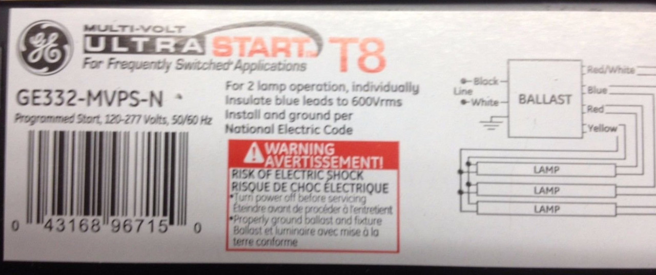 (case of 10) GE 96715 Ge332-Mvps-N 120V-277V Program Start 3L T8 Electron 120-277V