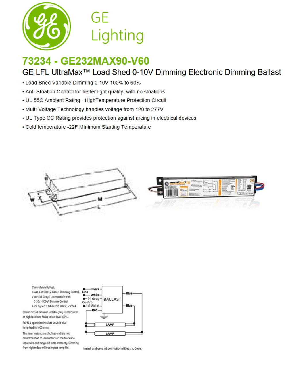 GE 73234 - GE232MAX90-V60 LFL UltraMax Load Shed Dimming Electronic Dimming Ballast
