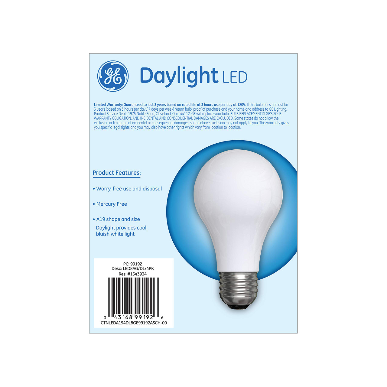 GE Lighting 99192 General Purpose Classic Shape A19 LED 8 (60-Watt Replacement), 760-Lumen Medium Base, 4-Pack, Frosted Daylight, 4 Count